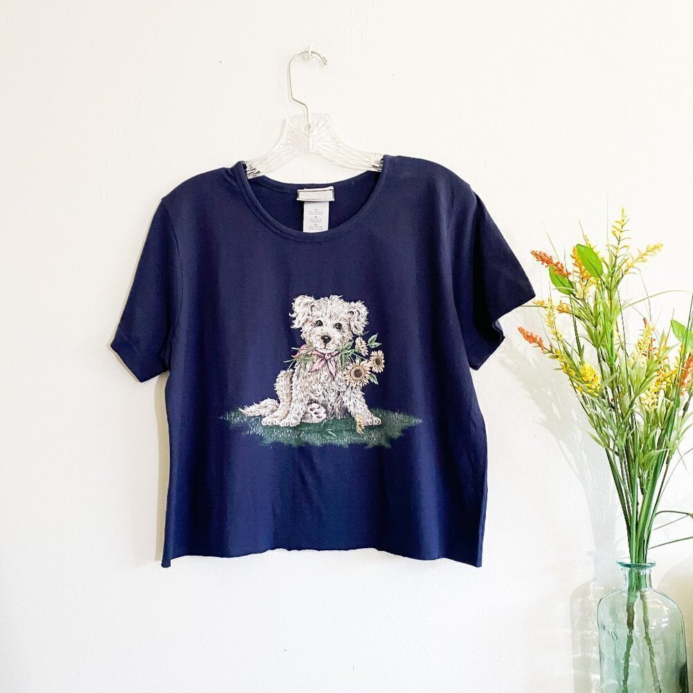🦋 VINTAGE Navy Blue Dog Crop Top Medium Graphic Tee Cottagecore Grannycore Cute
